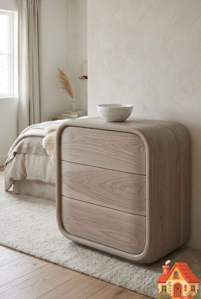 A beautifully styled bedroom dresser made of bleached walnut wood. The wood has a soft, desaturated greige tone with a visible, sweeping grain. The edges of the dresser are organically curved, with no sharp right angles. On top sits a simple white ceramic bowl. Effortlessly elegant and deeply natural.)