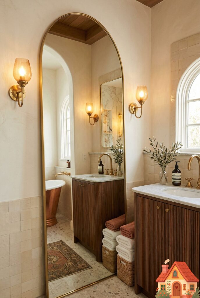 A compact but luxurious bathroom. Resting on the floor and leaning against the wall is a massive, incredibly tall arched mirror with a whisper-thin brass frame. The elegant curve of the arch softens the room, and the mirror reflects a beautiful, glowing wall sconce, doubling the visual depth of the space.