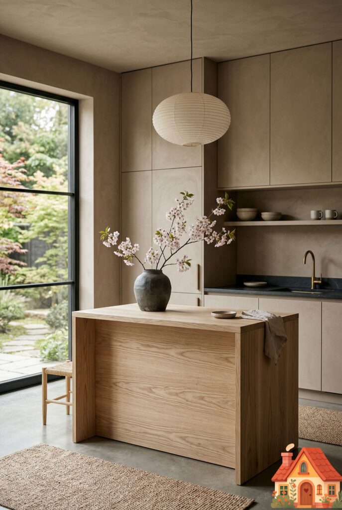 A serene, high-end Japandi style kitchen. The walls and seamless cabinetry are a warm, matte mushroom-clay color. A minimalist island made of raw, light ash wood sits in the center. A single branch of cherry blossoms rests in an imperfect, wabi-sabi ceramic vase. Cinematic lighting, hyper-realistic, highly textured.)