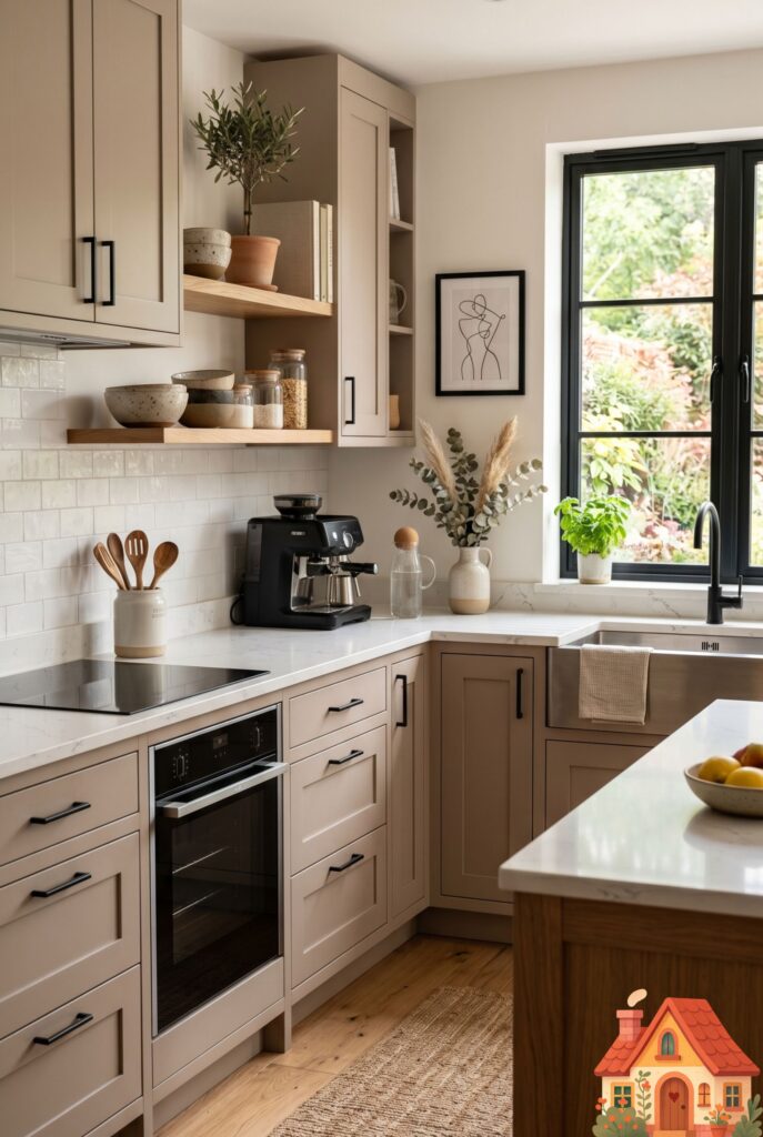  A modern cozy kitchen featuring cabinetry painted in a soft, warm mushroom taupe color. Matte black hardware, white quartz countertops, soft diffused natural daylight. Calming, minimalist organic aesthetic, 8k resolution.