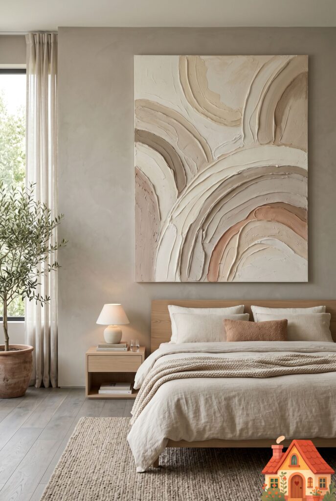 A warm greige bedroom wall featuring a single, massive, oversized abstract canvas. The art contains no bright colors, only heavily textured, thick modeling paste arranged in sweeping, 3D organic arcs of cream, beige, and soft clay. The large scale of the subtle, tactile art makes the room feel intentionally grand and calm.