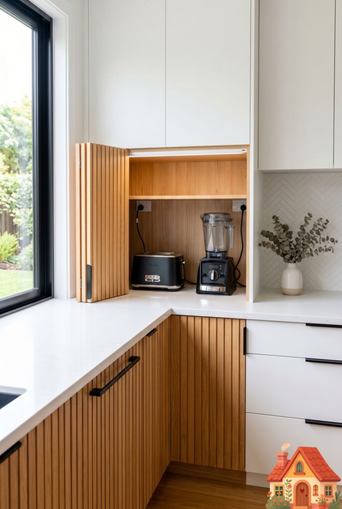  A sleek kitchen counter with a wooden bi-fold appliance garage door partially open, revealing a neatly stored toaster and blender inside. The surrounding countertop is completely clean and clutter-free. Modern, highly organized, architectural interior shot.