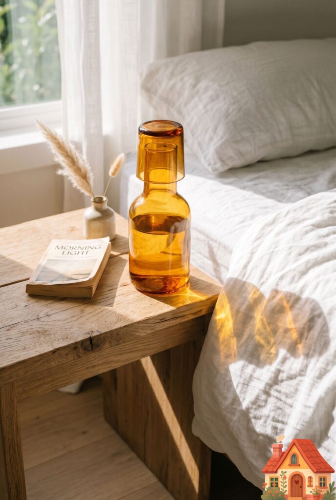 A close-up of a minimalist, raw oak bedside table bathed in morning sunlight. Resting on the table is a stunning, minimalist water carafe made of warm amber glass, with a matching glass acting as a lid. The sunlight passing through the amber glass casts a beautiful, warm, honey-toned shadow across the white linen bedsheets.