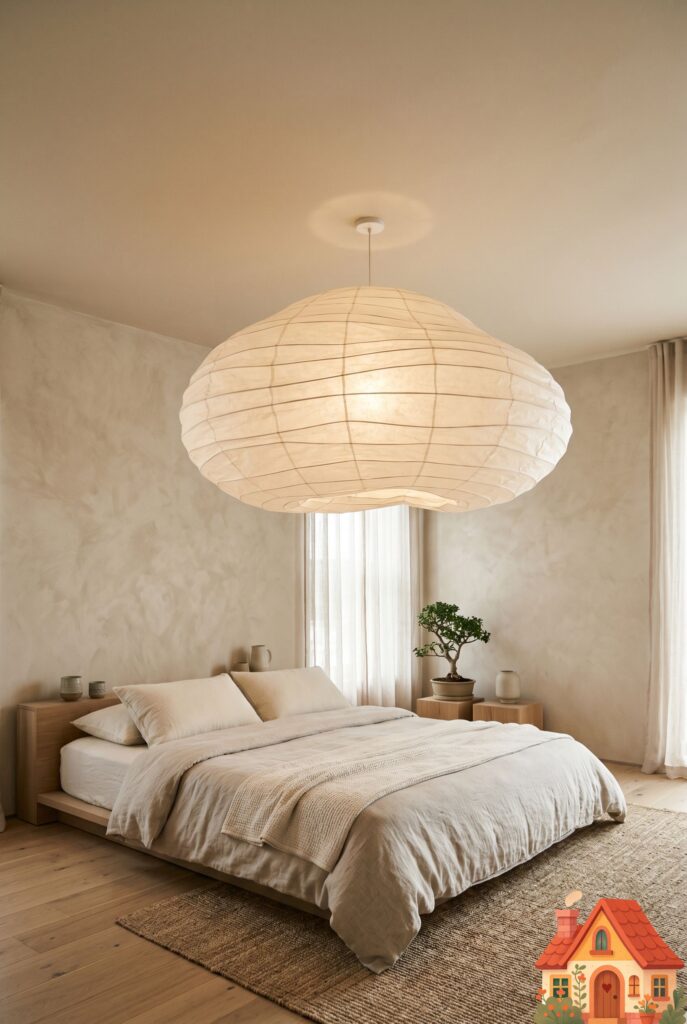 A wide shot of an airy, neutral bedroom looking slightly upward. Hanging from the center of the beige ceiling is a massive, irregularly shaped, Japanese-style Noguchi paper lantern pendant. It glows softly like a floating cloud above the bed, adding an ethereal, weightless, and deeply calming zen element to the space.