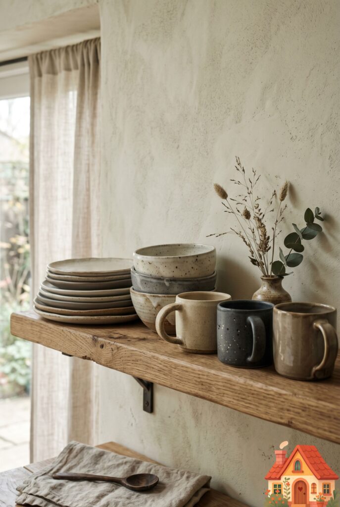 A beautifully styled open kitchen shelf displaying a collection of artisan handmade ceramic plates, bowls, and mugs in earthy neutral glazes. Soft, moody directional lighting emphasizing the textures of the pottery, wabi-sabi aesthetic.