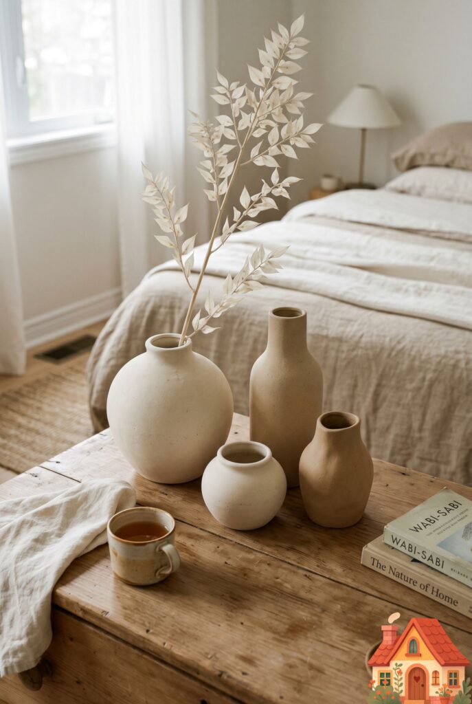 A beautifully styled raw wood dresser top in a neutral bedroom. A curated collection of four unglazed, matte clay vases in varying heights and organic shapes sits together. They are in earthy shades of chalky cream and soft beige. One vase holds a single branch of dried, bleached ruscus. Impeccable Wabi-Sabi styling.