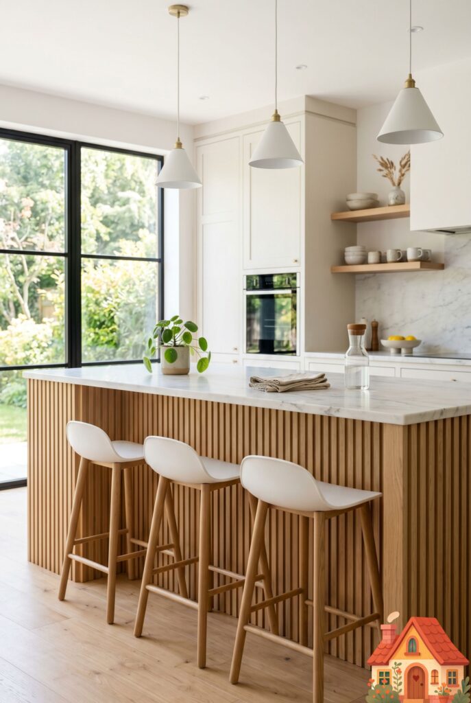 A kitchen island featuring vertical light oak wood slat paneling. Three minimalist matte white barstools are tucked underneath. The space is flooded with bright, soft natural light. Scandinavian modern design, clean lines, photorealistic.