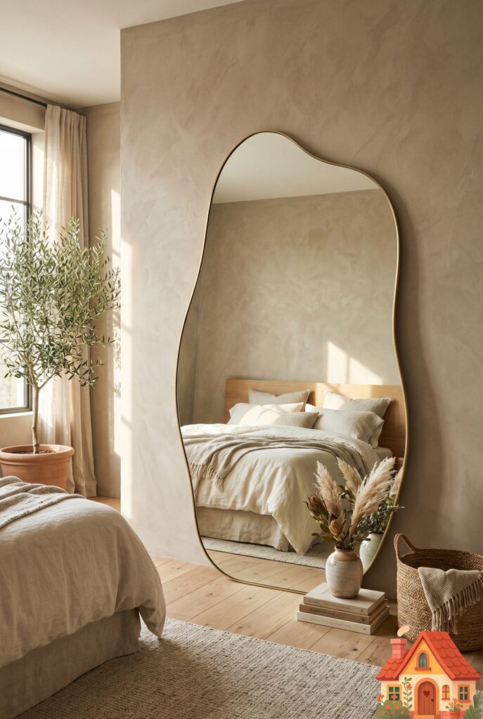 A spacious, sunlit neutral bedroom. Leaning casually against a warm taupe plaster wall is a massive, floor-to-ceiling mirror with an asymmetrical, biomorphic, irregular 'puddle' shape. The frame is a whisper-thin matte brass. The mirror reflects the soft linen bed, adding fluid, organic movement to the serene space.)