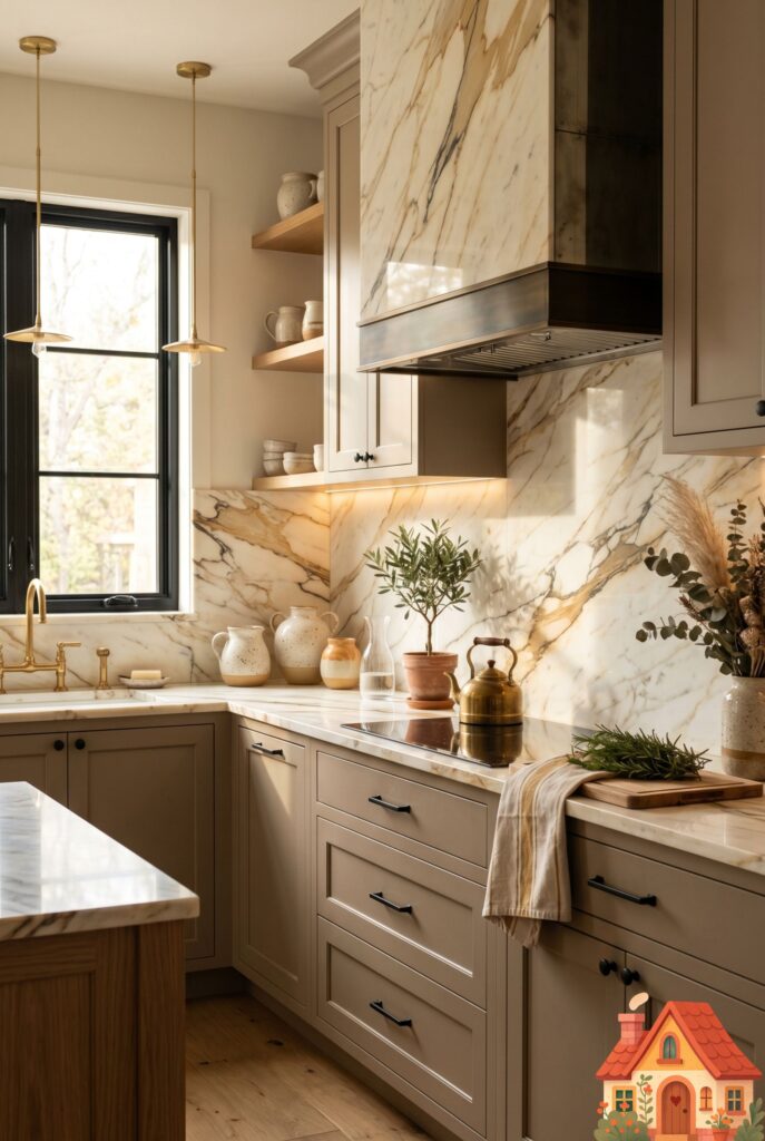A luxurious kitchen featuring a solid slab marble backsplash that continues onto the countertops. The marble features dramatic, sweeping veins of warm gold and amber. Elegant, high-end design, warm lighting, ultra-detailed textures.