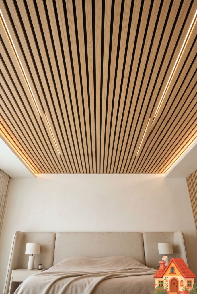 Looking up in a luxurious, neutral bedroom. The ceiling is completely covered in beautiful, narrow light-oak wood slats with dark acoustic felt visible between the gaps. The texture brings incredible warmth and a sense of absolute, muffled quiet to the space. Soft, indirect LED lighting highlights the natural wood grain.