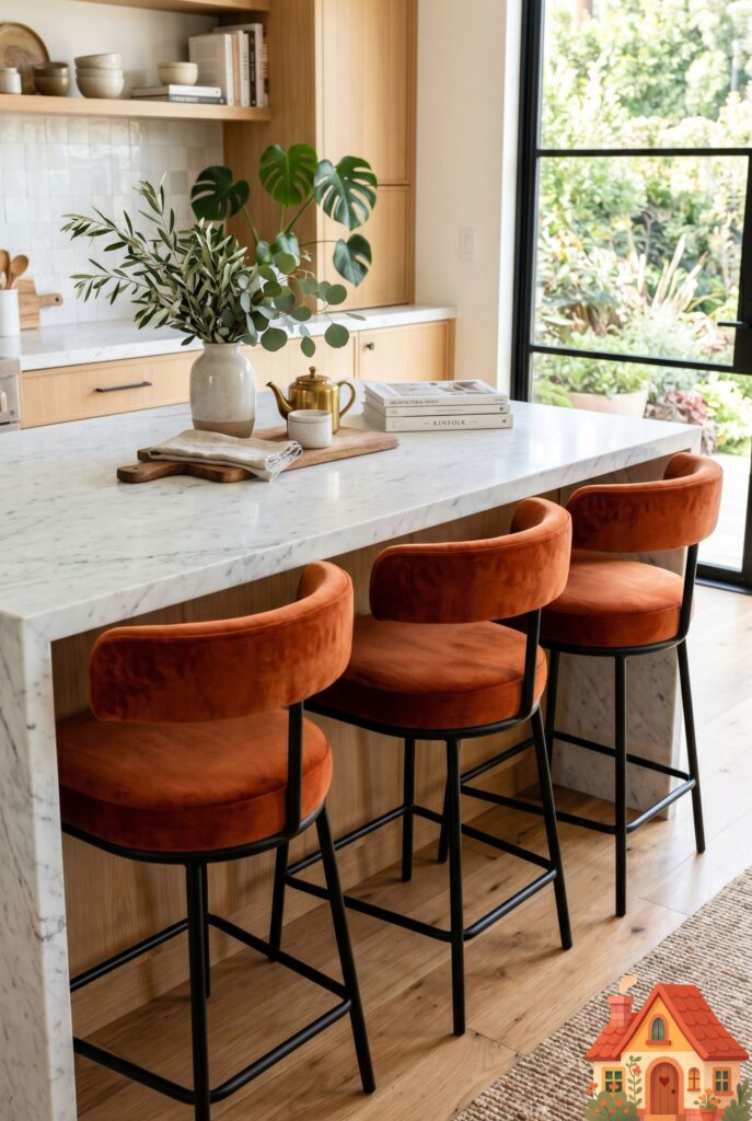 Three low-profile kitchen barstools upholstered in rich, burnt-orange velvet tucked under a bright marble kitchen island. The velvet texture looks incredibly soft and inviting. High-end Pinterest interior styling, vivid colors.