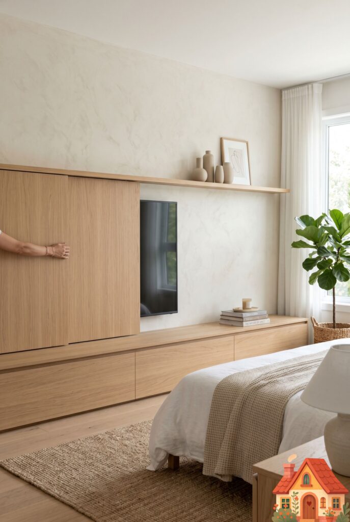  A minimalist, neutral bedroom focused on a stunning accent wall. A sleek, seamless light-oak wood console spans the wall. A smooth wooden panel is sliding closed, completely hiding a flat-screen television behind it. The space is completely free of visible cords or black screens, preserving the serene, earthy aesthetic.)