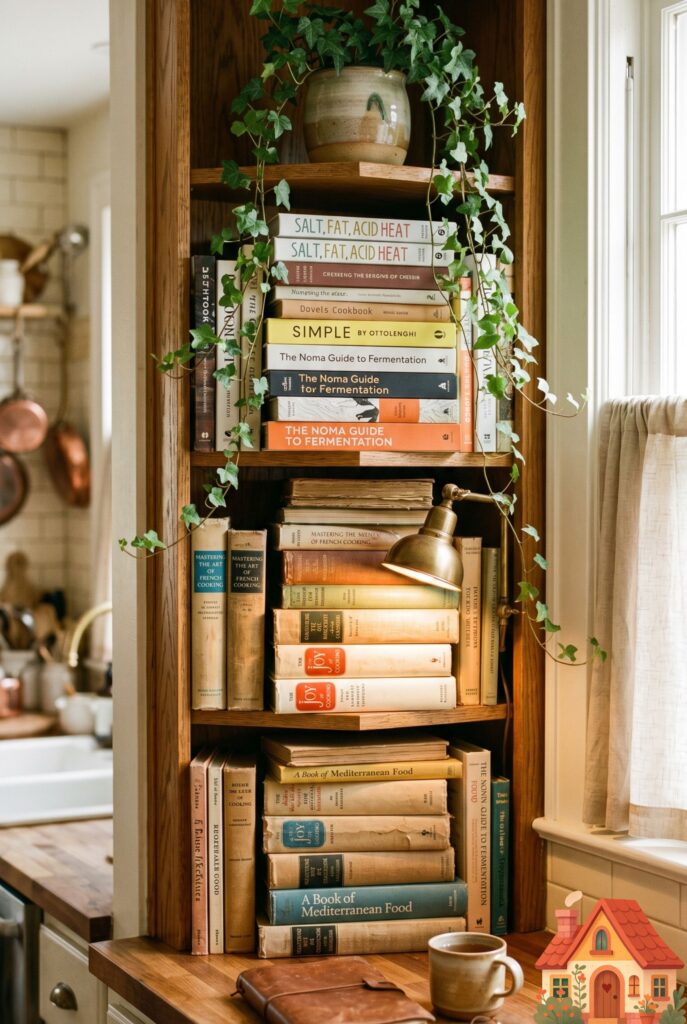 A small, built-in wooden nook at the end of a kitchen counter, heavily stacked with vintage and modern cookbooks. A small trailing ivy plant drapes over the top shelf. Warm, cozy, intellectual aesthetic, soft lighting, 35mm.
