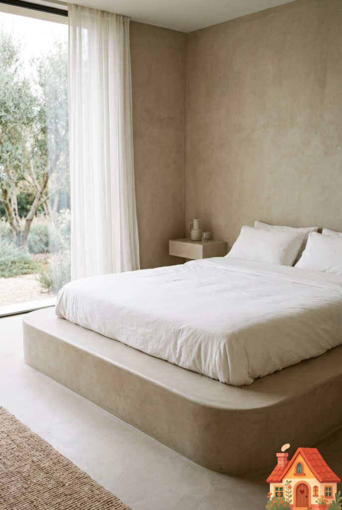 An ultra-modern, minimalist bedroom. The bed frame is a low-profile platform molded entirely from smooth, soft-beige microcement, curving seamlessly into the floor without any joints or seams. The bedding is crisp, white organic cotton. The room feels incredibly architectural, grounded, and peacefully spartan.)
