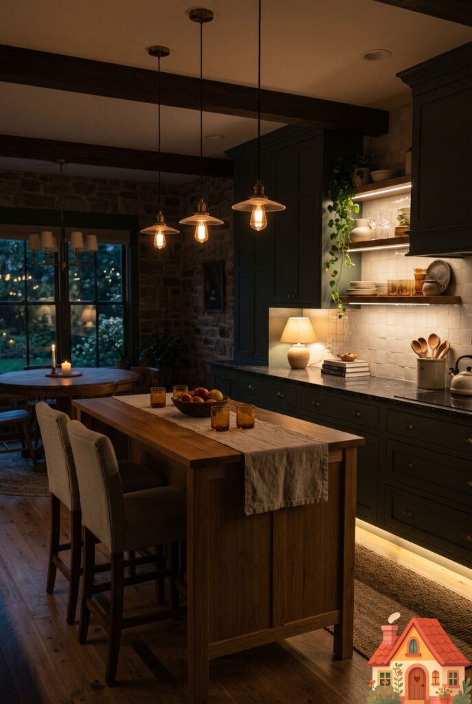 A wide shot of a cozy kitchen at night showcasing perfectly layered ambient lighting. Warm glowing light under the cabinets, a small glowing table lamp on the counter, and dim pendant lights over the island. Highly atmospheric, inviting evening aesthetic, photorealistic.