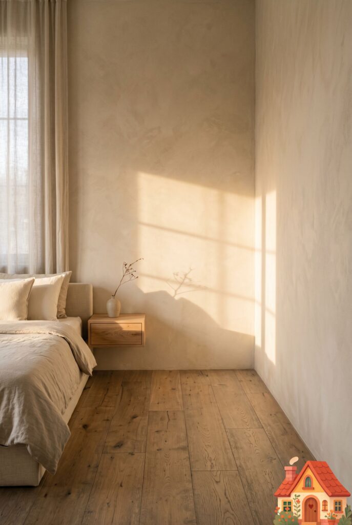  A beautifully designed, minimalist neutral bedroom where one corner is intentionally left completely bare and empty. The warm, wide-plank wood floor meets the clean, warm-beige plaster wall. Gentle, golden hour sunlight hits the empty space, casting long, soft shadows. It conveys a profound sense of emotional relief and breathing room.