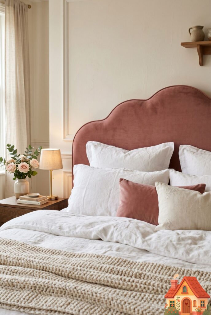Close-up interior shot of a beautiful scalloped bed headboard upholstered in a sophisticated dusty rose velvet. High-end white linen bedding with a textured throw blanket. Soft ambient lighting, highly detailed, luxurious and professional Pinterest aesthetic.