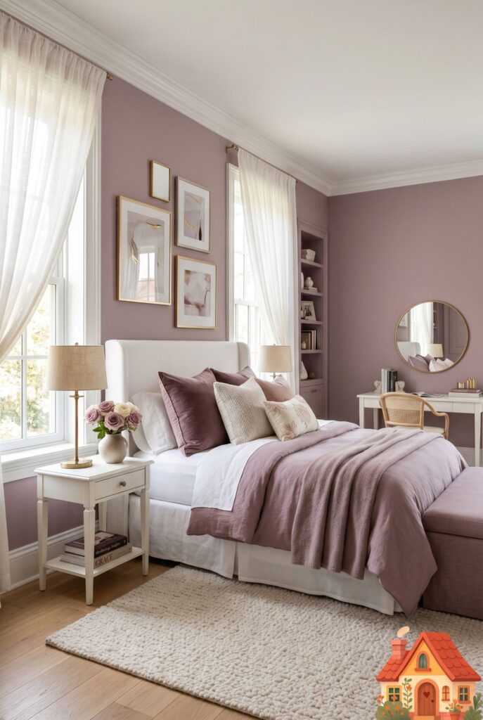 Editorial interior photography of a sophisticated girl's bedroom featuring soft mauve painted walls. Elegant white trim, a plush cream rug, and natural light streaming through sheer curtains. Professional business-website aesthetic, 8k resolution, photorealistic, serene and high-end.