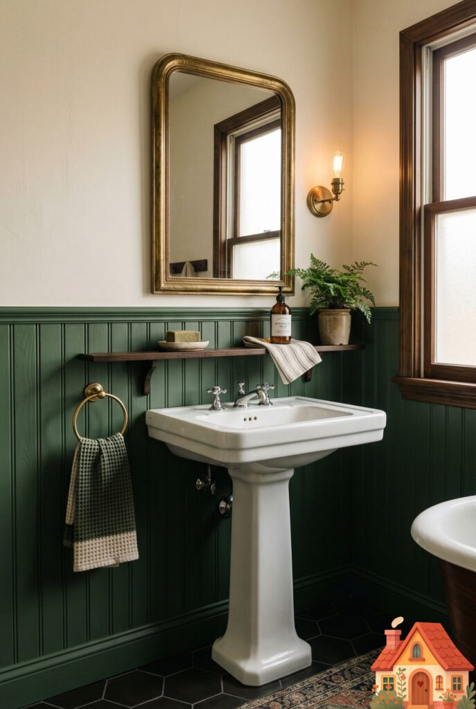 A moody, grounded bathroom design. The lower half of the walls features traditional vertical wood paneling painted in a rich, deeply saturated matte forest green. The upper half is a soft, warm cream. A vintage brass mirror hangs above a white pedestal sink. Deeply comforting and classic.