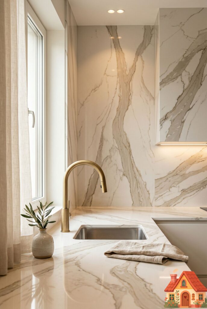 A breathtaking kitchen close-up. The countertop is a stunning warm white quartz with dramatic, flowing taupe veins. This exact same quartz continues seamlessly up the entire wall as a full-height splashback, with absolutely zero grout lines. A sleek matte-brass faucet stands elegantly in front of it. Masterpiece lighting.