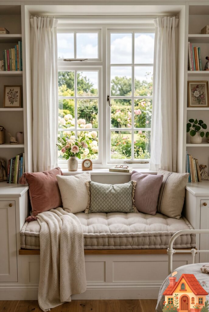 A beautifully designed built-in window seat in a girl's bedroom, featuring a thick French-tufted linen cushion and an assortment of muted, textured throw pillows. A large window looking out to a bright garden. Inviting, warm, cinematic interior photography.