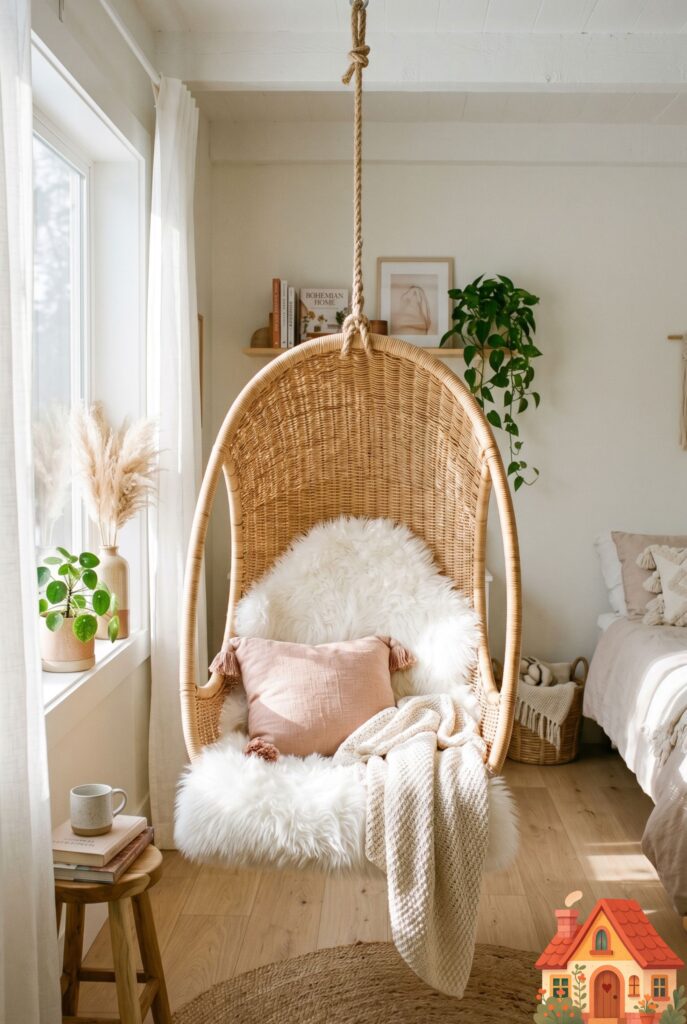 A beautifully woven rattan hanging egg chair suspended from the ceiling in a bright, airy girl's bedroom. A fluffy white faux fur cushion sits inside. Sunbeams catching the textures of the wicker, bohemian-meets-modern design, 35mm photography.