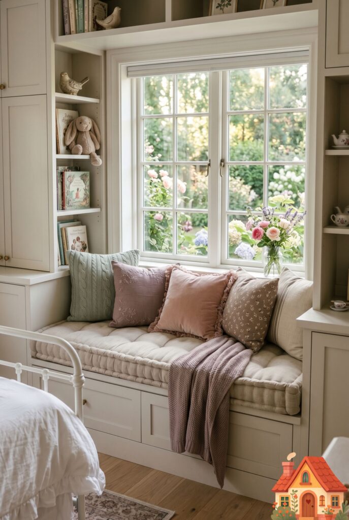A girl's bed featuring a sweeping, ceiling-mounted canopy made of soft, translucent white linen. Fairy lights are delicately woven into the sheer fabric. Warm glowing light, magical yet sophisticated atmosphere, high-end architectural rendering.