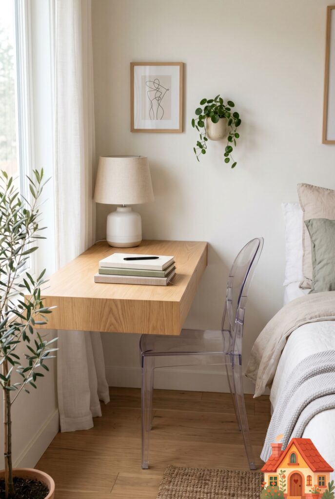 A cozy corner in a bedroom featuring a curved, modern lounge chair upholstered in soft white bouclé fabric. A small brass side table stands next to it with a delicate vase. Luxurious, tactile textures, soft professional studio lighting.
