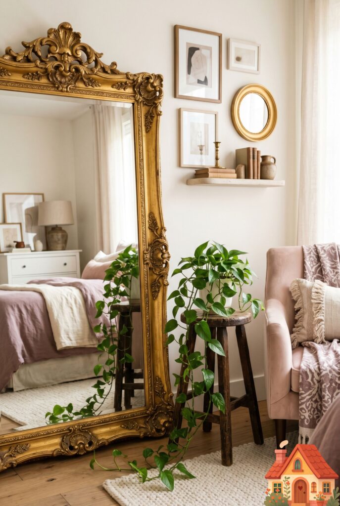 An elegant girl's bedroom corner featuring a large, heavy vintage gold ornate floor mirror leaning against a soft white wall. A delicate trailing pothos plant sits on a nearby wooden stool. High-end, sophisticated color scheme, editorial lighting.