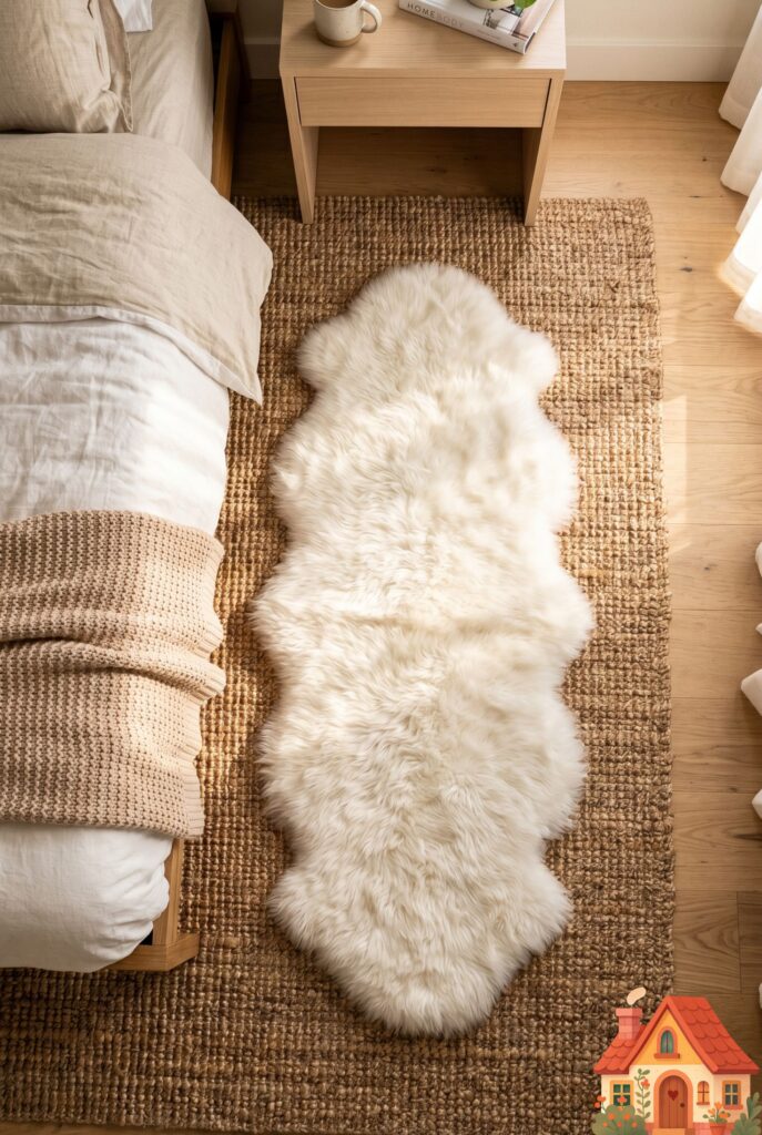 Looking down at a layered rug setup in a bedroom. A large natural woven jute rug serves as the base, topped with an incredibly soft, irregular-shaped white sheepskin faux-fur rug. Warm sunlight casting soft shadows, cozy and high-end aesthetic.