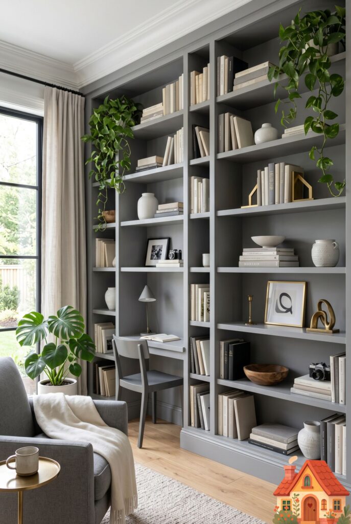  A sophisticated living room featuring floor-to-ceiling built-in bookshelves painted in a unified matte mid-tone gray. The shelves are elegantly styled with neutral books, trailing greenery, and brass accents. Clean lines, highly organized, professional architectural photography.