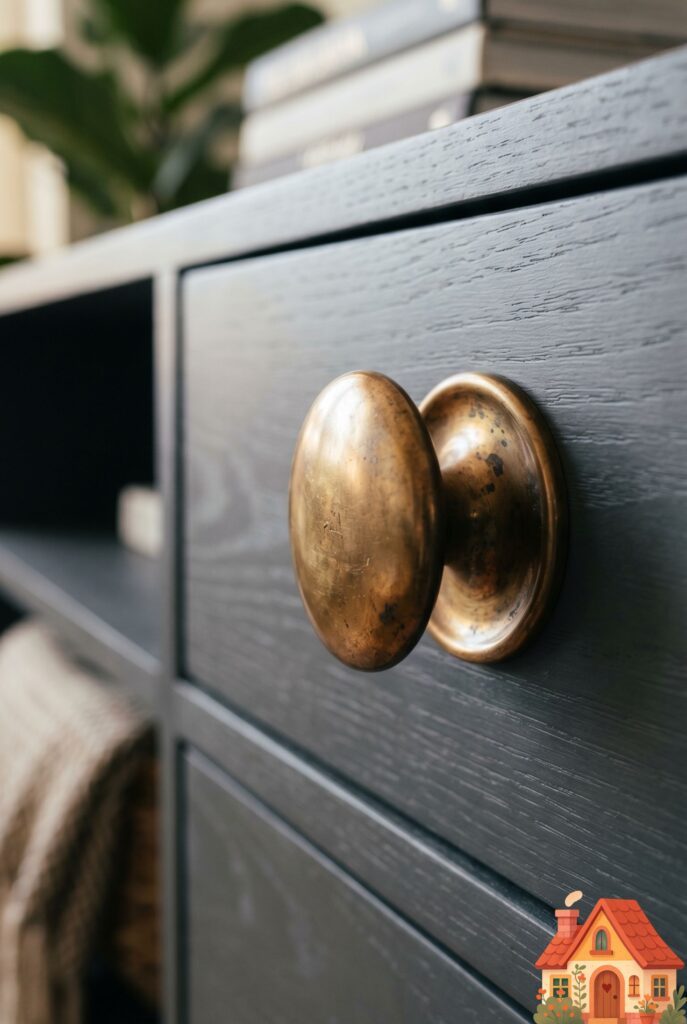Macro photography of a beautiful, slightly tarnished unlacquered brass drawer pull on a sleek, dark gray living room credenza. The lighting catches the warm golden tones of the metal against the cool matte gray wood. High detail, luxurious and timeless aesthetic.