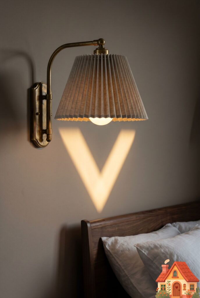 A close-up of a sophisticated unlacquered brass wall sconce with a pleated linen shade mounted next to a bed. The lamp casts a warm, downward V-shaped glow against a soft taupe wall. Professional architectural detail shot, moody and elegant.