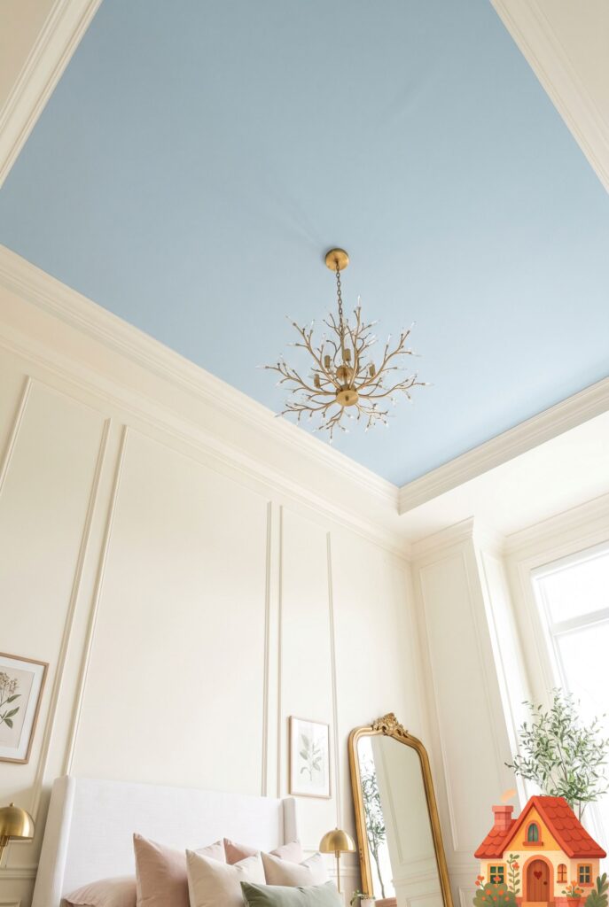 An upward angle shot of a beautiful girl's bedroom where the walls are creamy white, but the ceiling is painted a soft, serene pastel blue. A delicate brass chandelier hangs from the center. Airy, spacious, high-quality editorial interior design.