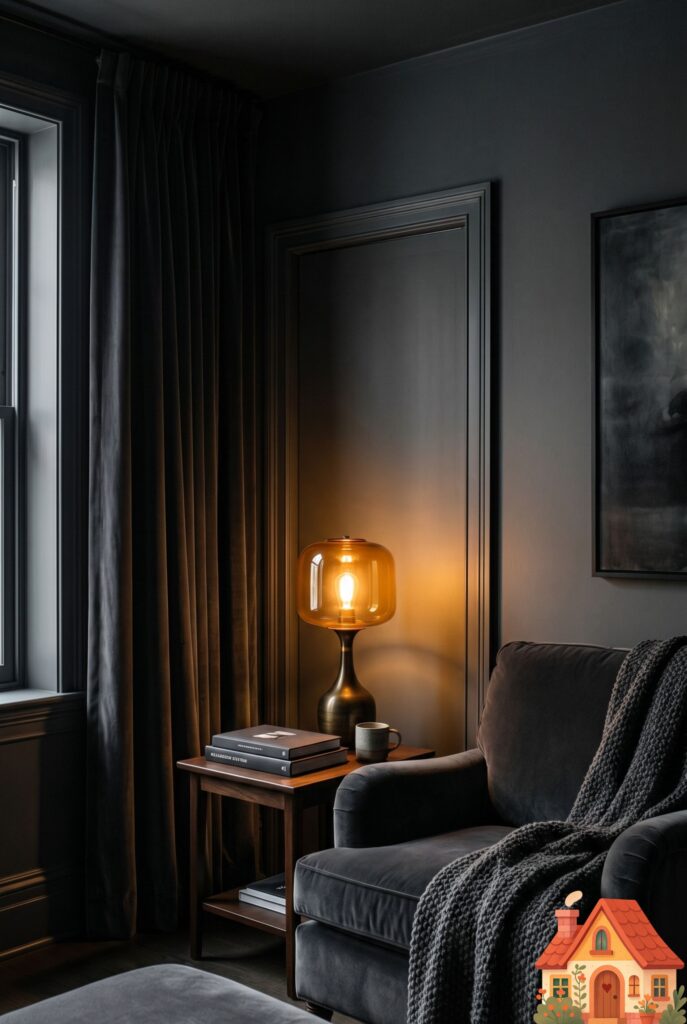 A dramatic, moody living room where the walls, trim, and ceiling are all painted the exact same shade of rich, dark charcoal gray. A warm, glowing amber table lamp provides the only light, creating a deeply intimate and protective atmosphere. High-end, atmospheric photography.