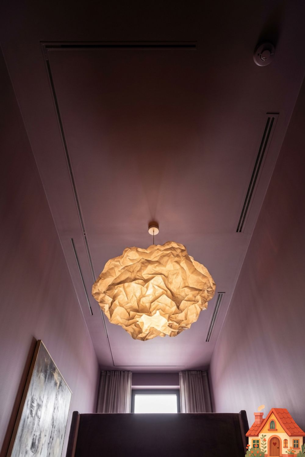 Low-angle shot looking up in a luxurious 2026 bedroom. The walls and the ceiling are painted in the exact same shade of deeply calming, matte dusty plum. A spectacular, cloud-like contemporary paper pendant light hangs from the ceiling, casting a soft, diffused, warm glow. Minimalist, deeply atmospheric, hyper-realistic, architectural digest aesthetic.