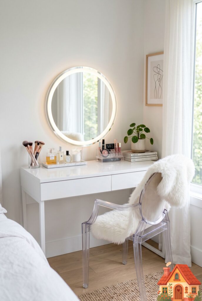 A sleek white makeup vanity table in a bedroom, paired with a modern, transparent acrylic ghost chair. A round glowing LED mirror sits on the desk. Minimalist, sophisticated, bright and airy professional aesthetic, 8k.