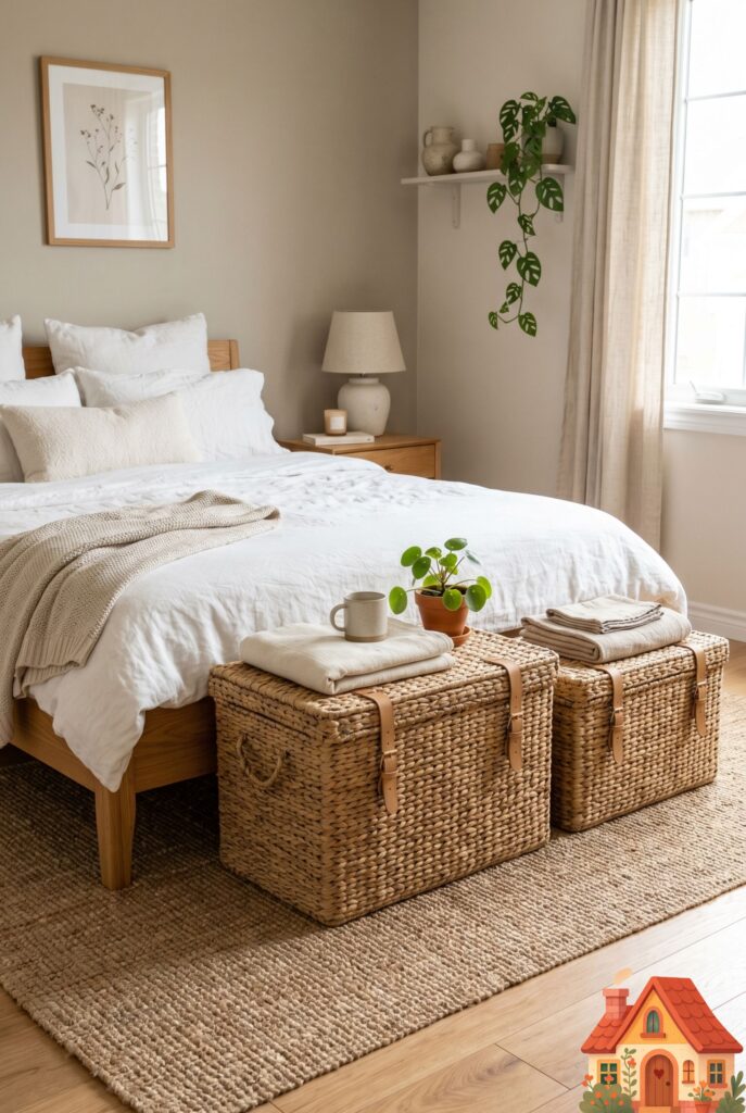 Two beautiful, natural woven seagrass storage trunks sitting at the foot of a white linen bed. The room features a soft, earthy color palette. Highly detailed textures, organized and serene space, Pinterest trending decor.