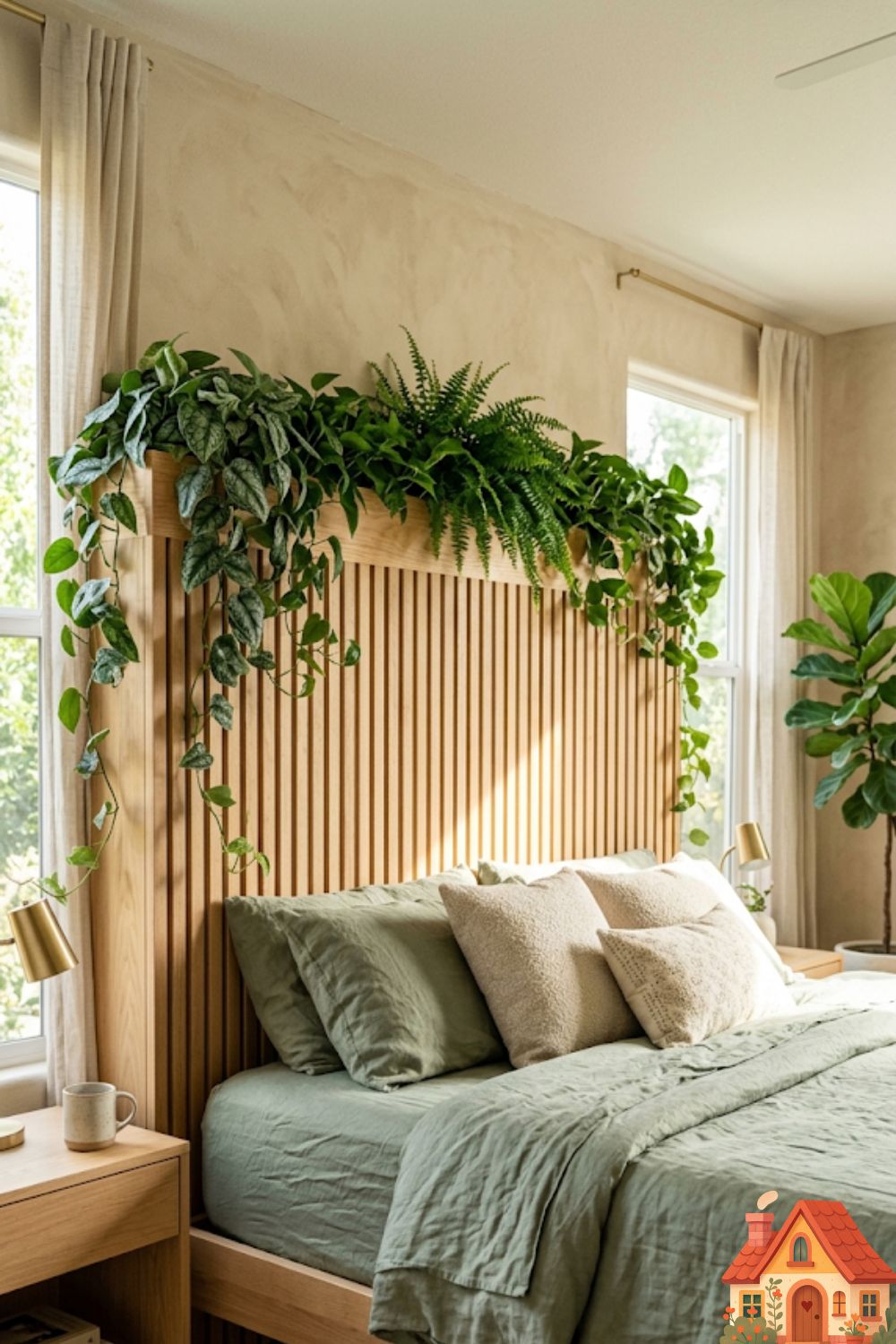 A stunning, wide architectural headboard made of vertical blonde wood slats. Integrated into the top ledge of the headboard is a lush, overflowing planter of trailing silver satin pothos and rich green ferns. The bed features textured sage green linen sheets. Natural morning sunlight pouring in. Organic modern design.)