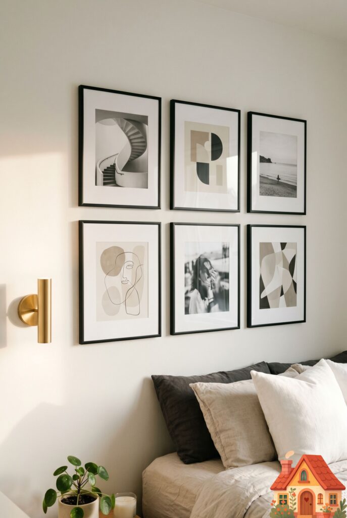 A section of a bedroom wall featuring a perfectly aligned gallery wall of six thin-framed black metal frames. The art inside is a mix of abstract neutral shapes and black-and-white photography. Sophisticated, modern aesthetic, soft directional lighting.