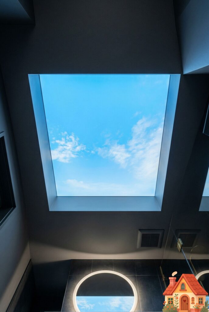 Looking up at the ceiling of a windowless modern bathroom. In the center is a large, square LED panel that perfectly mimics a real skylight. The light emitting from it is a hyper-realistic, brilliant sky-blue with soft, wispy illuminated 'clouds'. It completely tricks the mind into feeling connected to the outdoors.