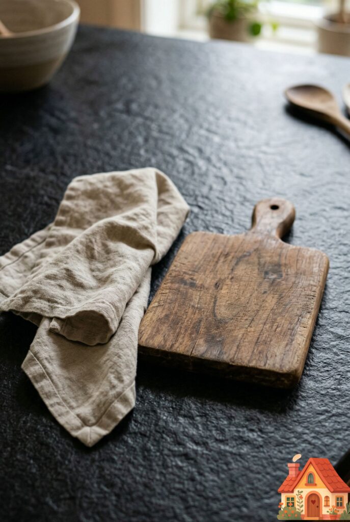 A macro shot of a kitchen countertop featuring a dark, 'leathered' granite finish. The surface is completely matte with a beautifully subtle, rippled texture that mimics natural leather. A soft linen napkin and a rustic wooden cutting board rest on top, highlighting the organic, non-reflective beauty of the stone.)