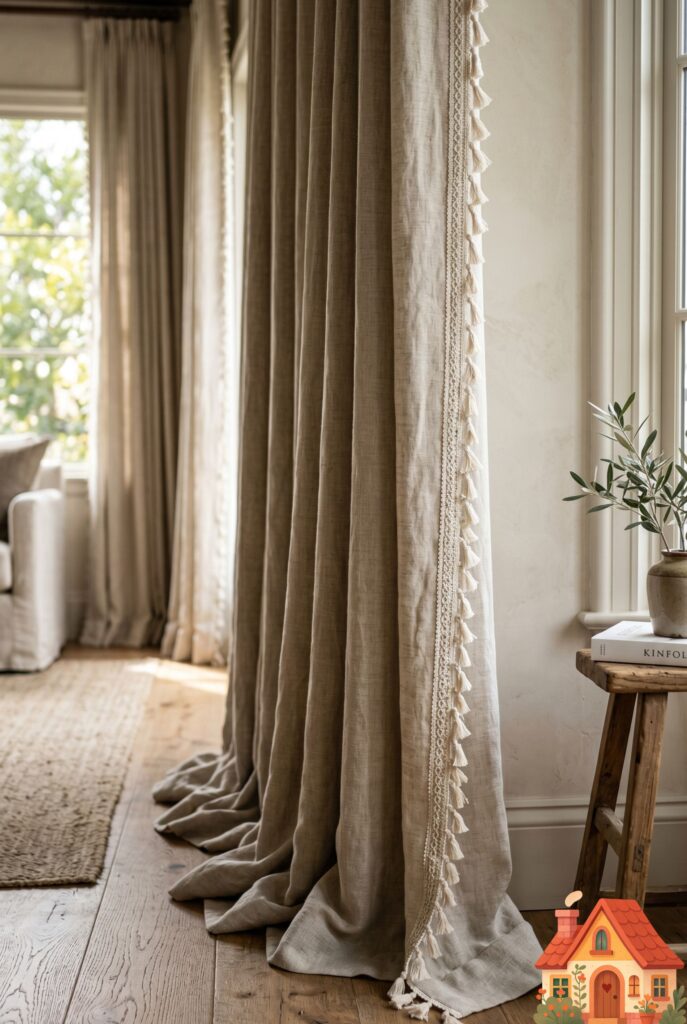  Close-up interior shot of heavy, high-quality oat-colored linen curtains with a delicate cream tassel trim along the edge. The curtains are softly pooled on a hardwood floor. Luxurious, tactile, editorial home decor photography.