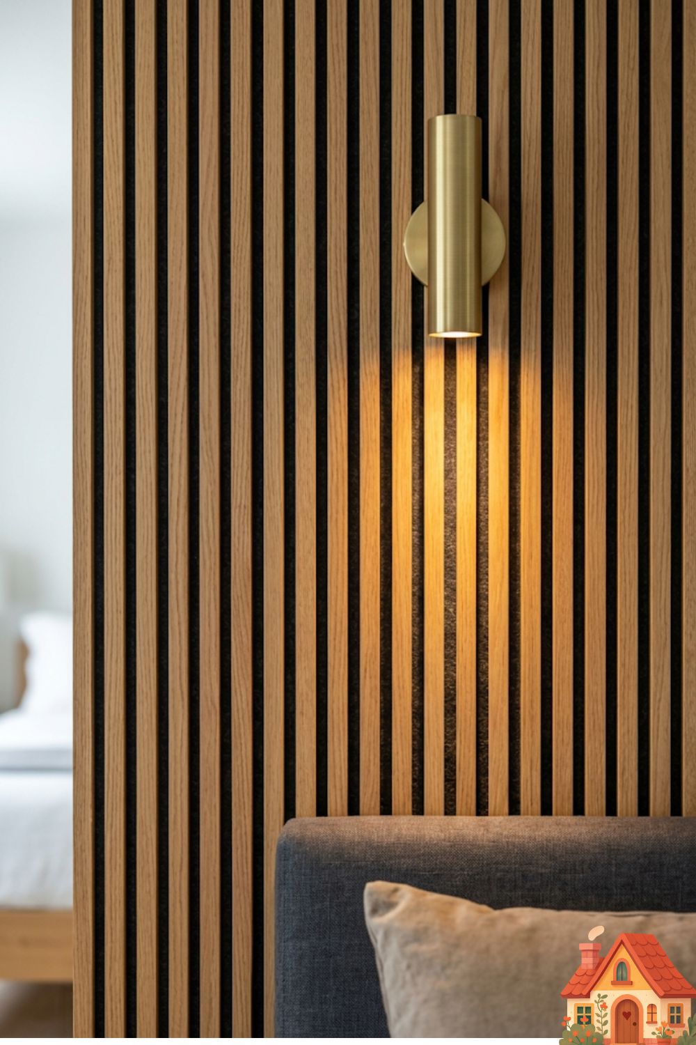 A close-up view of a high-end bedroom accent wall featuring vertical oak wood slats with deep charcoal acoustic felt visible in the gaps. The texture is rich and sound-dampening. A sleek, brushed-brass reading sconce is mounted directly onto the slats, casting a warm beam of light downward.