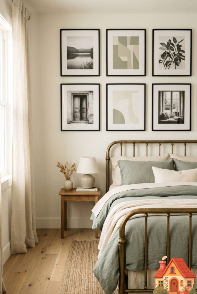 A vintage-inspired brass spindle bed frame in a sunlit girl's bedroom. The bed is dressed in layers of soft, washed cotton bedding in muted sage and cream. Nostalgic yet sophisticated design, photorealistic, 35mm lens.