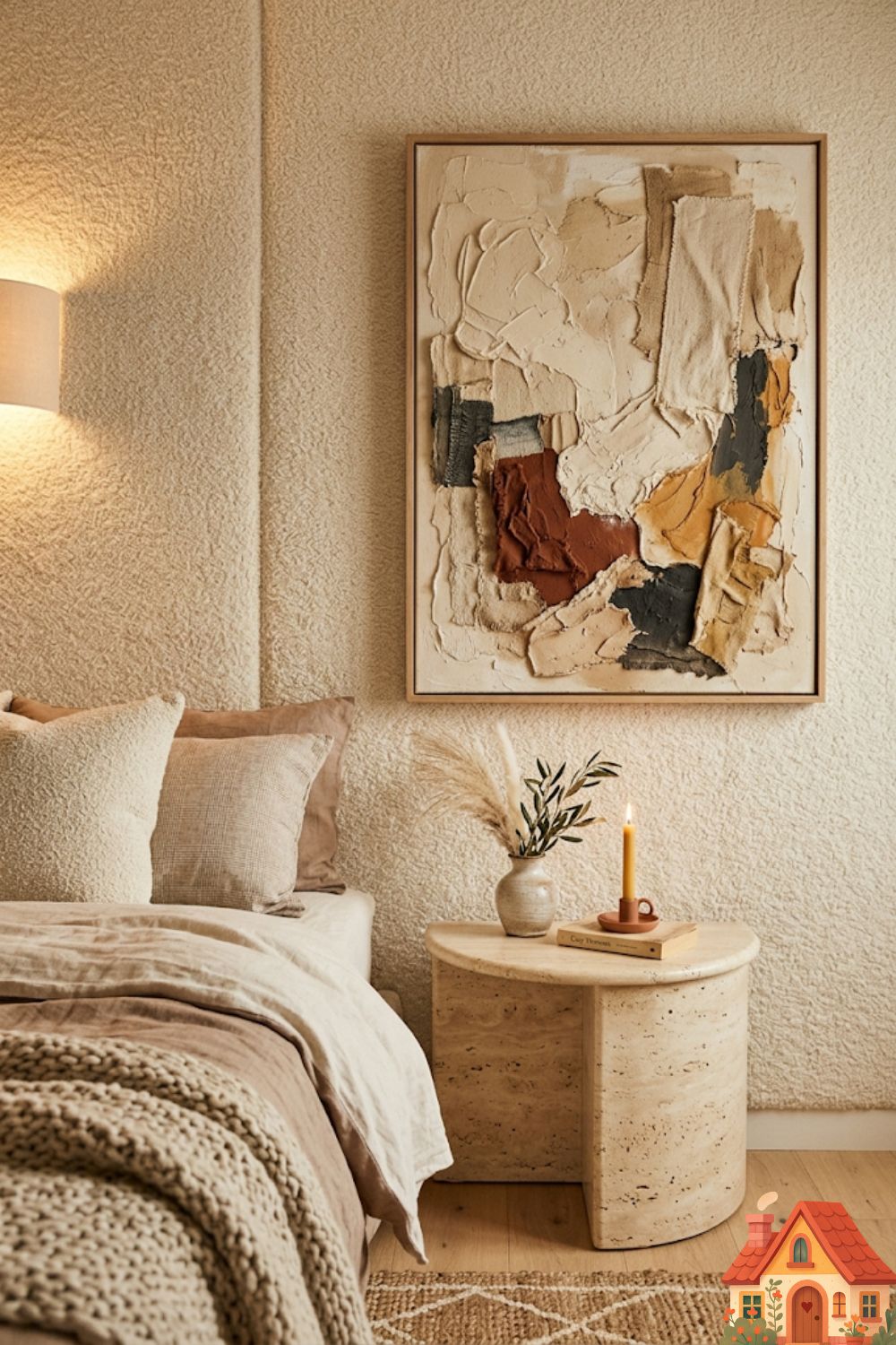 n intimate bedroom corner showing a wall completely covered in a luxurious, cream-colored bouclé fabric. A highly textured, oversized abstract art piece hangs on it. A soft, curved bedside table in travertine stone sits below. The lighting is soft and sensory, highlighting the loops and texture of the wall fabric.