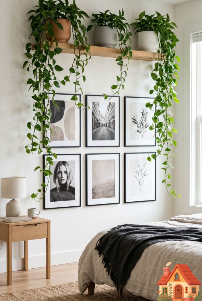 A floating wooden shelf high on a bedroom wall, adorned with three lush, trailing green pothos plants in matte ceramic pots. The green vines cascade down the bright white wall. Fresh, organic, biophilic design aesthetic.