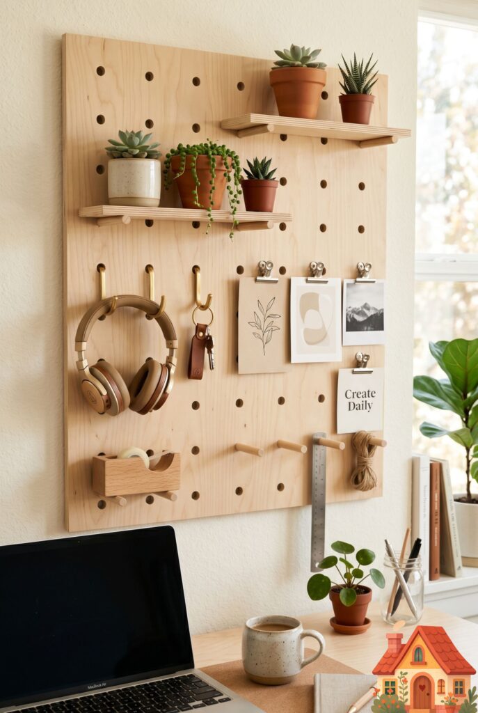  A beautifully organized, natural birch wood pegboard mounted on a wall above a desk. It holds wooden shelves with small succulents, brass hooks holding a pair of headphones, and clipped art prints. Highly functional, aesthetic organization, 8k.