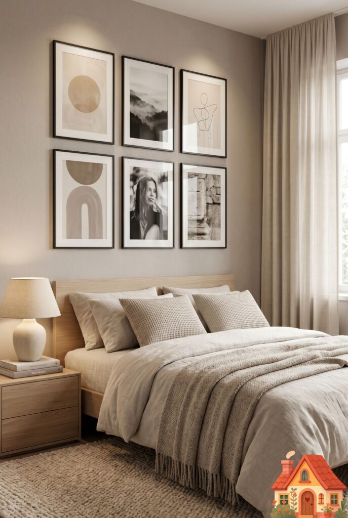  A sophisticated bedroom completely styled in a monochromatic palette of warm creams, beiges, and soft taupes. The bedding, walls, rug, and curtains all blend seamlessly in varying textures. Calming, minimalist organic aesthetic, professional lighting.