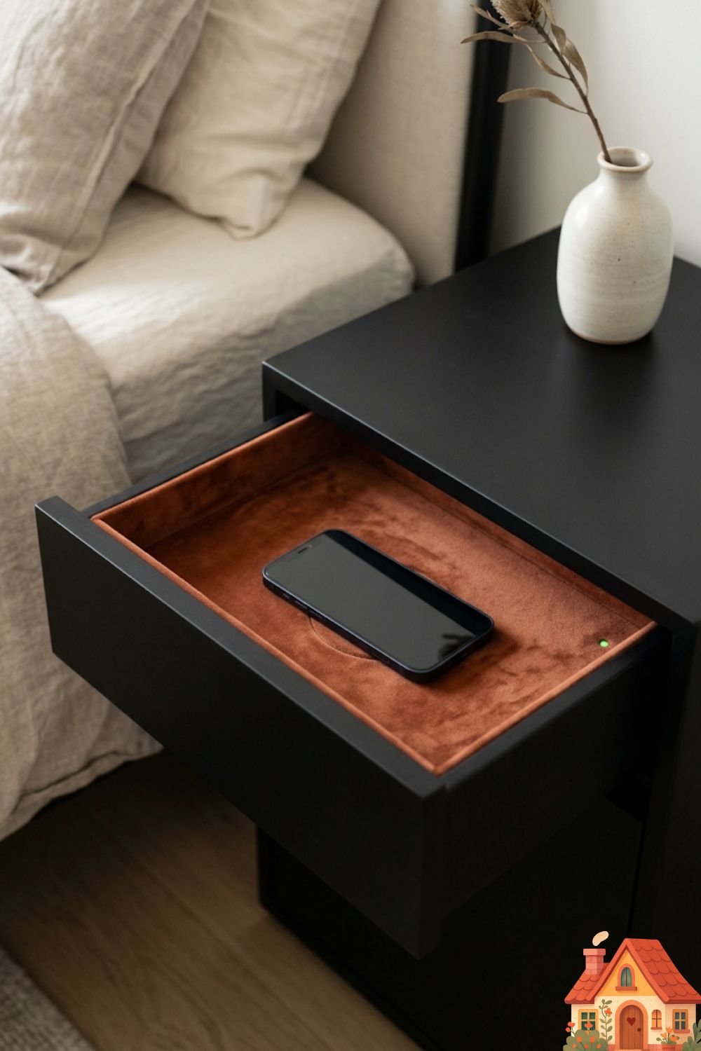 A sleek, minimalist bedside drawer pulled slightly open. Inside, the drawer is lined with soft rust-colored velvet. A sleek smartphone is resting on a built-in, invisible wireless charging pad within the drawer. No messy wires are visible. The exterior of the nightstand is smooth, matte black wood.